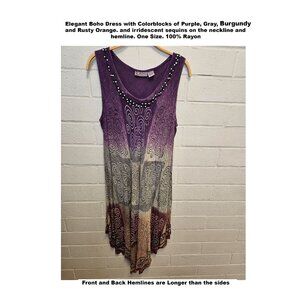 Boho Dress of Purple, Gray, Burgundy, Dusty Orange Color Blocks, with Sequins